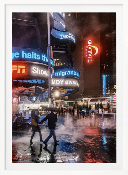 A couple walks hand-in-hand under an umbrella on a rainy night in a bustling city square. Steam rises from the wet pavement, which reflects the vibrant blue, red, and white lights from massive digital billboards on the surrounding buildings. Wall Art
