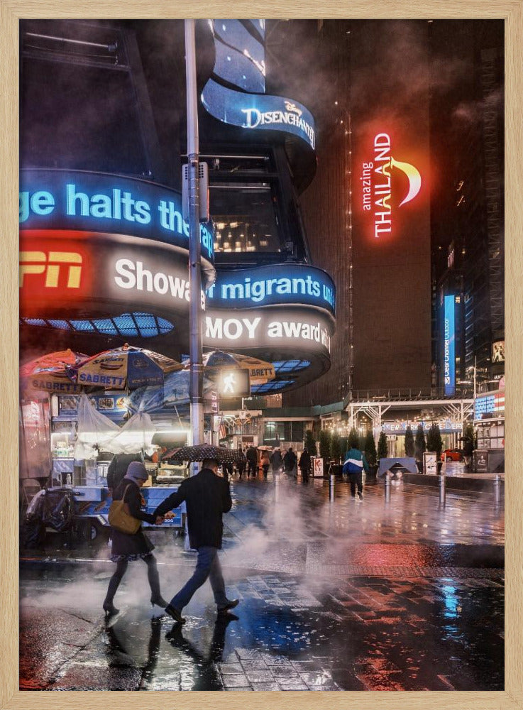 A couple walks hand-in-hand under an umbrella on a rainy night in a bustling city square. Steam rises from the wet pavement, which reflects the vibrant blue, red, and white lights from massive digital billboards on the surrounding buildings. Wall Art