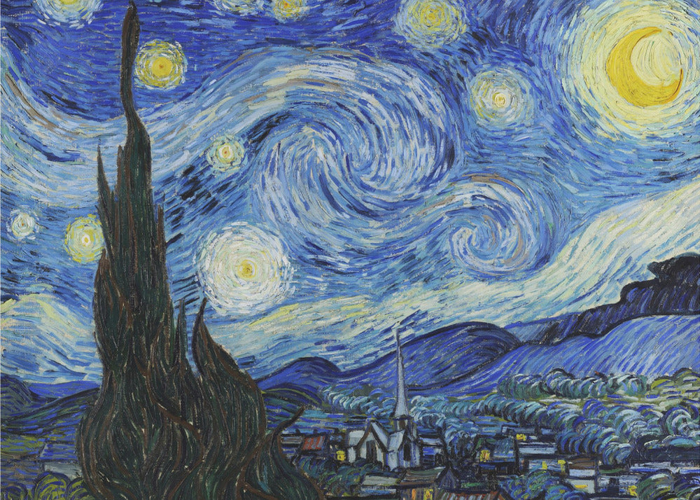 Vincent van Gogh's famous post-impressionist painting, 'The Starry Night,' in a simple silver frame. The artwork features a dramatic, swirling night sky in deep blues and yellows, with a glowing crescent moon and radiant stars over a peaceful village and a large, dark cypress tree in the foreground. Artwork
