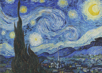 Vincent van Gogh's famous post-impressionist painting, 'The Starry Night,' in a simple silver frame. The artwork features a dramatic, swirling night sky in deep blues and yellows, with a glowing crescent moon and radiant stars over a peaceful village and a large, dark cypress tree in the foreground. Artwork