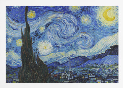 Vincent van Gogh's famous post-impressionist painting, 'The Starry Night,' in a simple silver frame. The artwork features a dramatic, swirling night sky in deep blues and yellows, with a glowing crescent moon and radiant stars over a peaceful village and a large, dark cypress tree in the foreground. Artwork