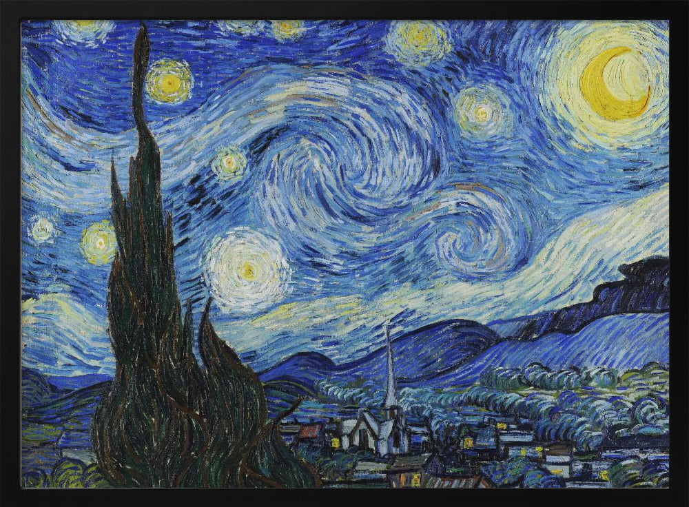 Vincent van Gogh's famous post-impressionist painting, 'The Starry Night,' in a simple silver frame. The artwork features a dramatic, swirling night sky in deep blues and yellows, with a glowing crescent moon and radiant stars over a peaceful village and a large, dark cypress tree in the foreground. Artwork