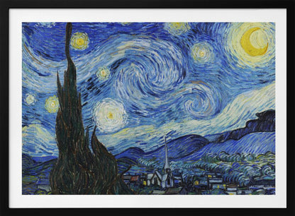 Vincent van Gogh's famous post-impressionist painting, 'The Starry Night,' in a simple silver frame. The artwork features a dramatic, swirling night sky in deep blues and yellows, with a glowing crescent moon and radiant stars over a peaceful village and a large, dark cypress tree in the foreground. Artwork