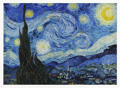 Vincent van Gogh's famous post-impressionist painting, 'The Starry Night,' in a simple silver frame. The artwork features a dramatic, swirling night sky in deep blues and yellows, with a glowing crescent moon and radiant stars over a peaceful village and a large, dark cypress tree in the foreground. Artwork