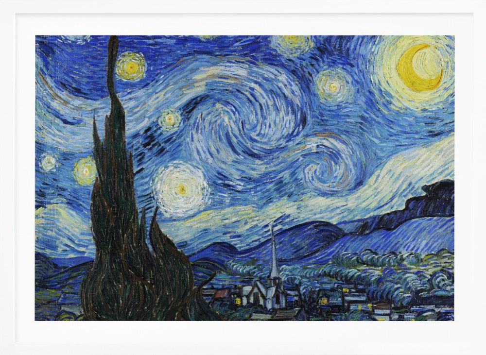 Vincent van Gogh's famous post-impressionist painting, 'The Starry Night,' in a simple silver frame. The artwork features a dramatic, swirling night sky in deep blues and yellows, with a glowing crescent moon and radiant stars over a peaceful village and a large, dark cypress tree in the foreground. Artwork