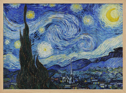 Vincent van Gogh's famous post-impressionist painting, 'The Starry Night,' in a simple silver frame. The artwork features a dramatic, swirling night sky in deep blues and yellows, with a glowing crescent moon and radiant stars over a peaceful village and a large, dark cypress tree in the foreground. Artwork