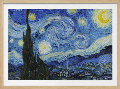 Vincent van Gogh's famous post-impressionist painting, 'The Starry Night,' in a simple silver frame. The artwork features a dramatic, swirling night sky in deep blues and yellows, with a glowing crescent moon and radiant stars over a peaceful village and a large, dark cypress tree in the foreground. Artwork