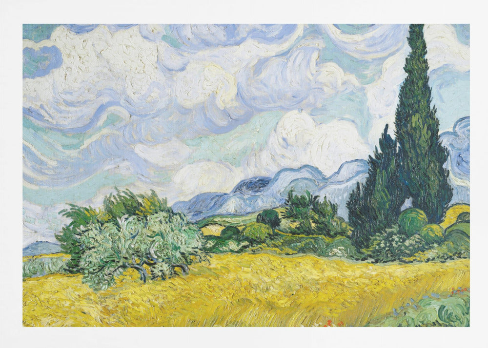 A framed print of Vincent van Gogh's painting 'Wheat Field with Cypresses.' The artwork depicts a vibrant golden wheat field under a dynamic sky filled with swirling white and blue clouds. A tall, dark green cypress tree dominates the right side, with rolling green hills and distant blue mountains in the background. Decor
