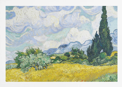 A framed print of Vincent van Gogh's painting 'Wheat Field with Cypresses.' The artwork depicts a vibrant golden wheat field under a dynamic sky filled with swirling white and blue clouds. A tall, dark green cypress tree dominates the right side, with rolling green hills and distant blue mountains in the background. Decor