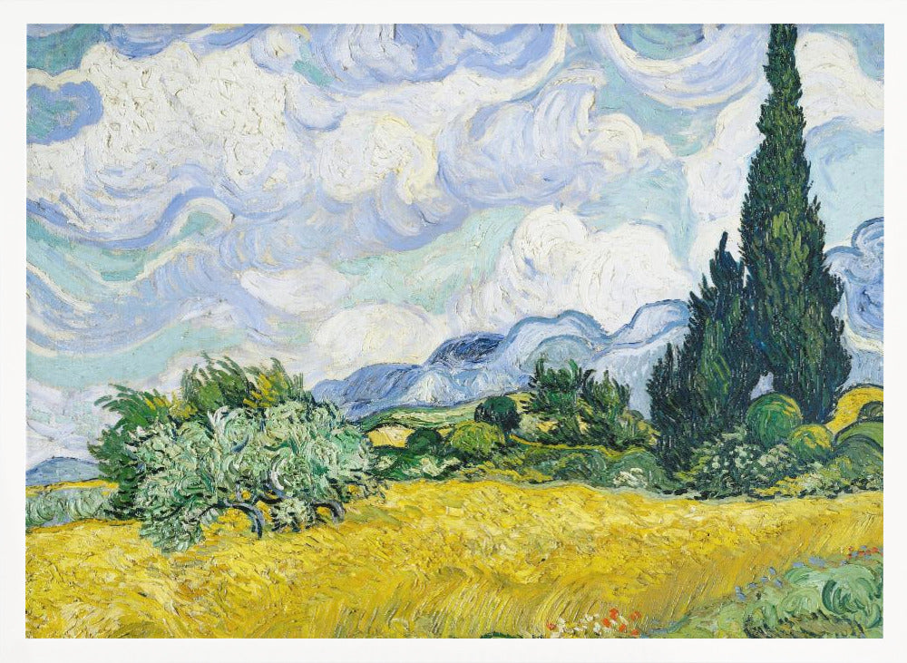 A framed print of Vincent van Gogh's painting 'Wheat Field with Cypresses.' The artwork depicts a vibrant golden wheat field under a dynamic sky filled with swirling white and blue clouds. A tall, dark green cypress tree dominates the right side, with rolling green hills and distant blue mountains in the background. Decor
