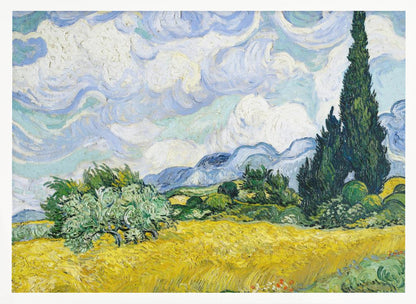 A framed print of Vincent van Gogh's painting 'Wheat Field with Cypresses.' The artwork depicts a vibrant golden wheat field under a dynamic sky filled with swirling white and blue clouds. A tall, dark green cypress tree dominates the right side, with rolling green hills and distant blue mountains in the background. Decor