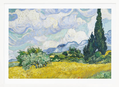 A framed print of Vincent van Gogh's painting 'Wheat Field with Cypresses.' The artwork depicts a vibrant golden wheat field under a dynamic sky filled with swirling white and blue clouds. A tall, dark green cypress tree dominates the right side, with rolling green hills and distant blue mountains in the background. Decor