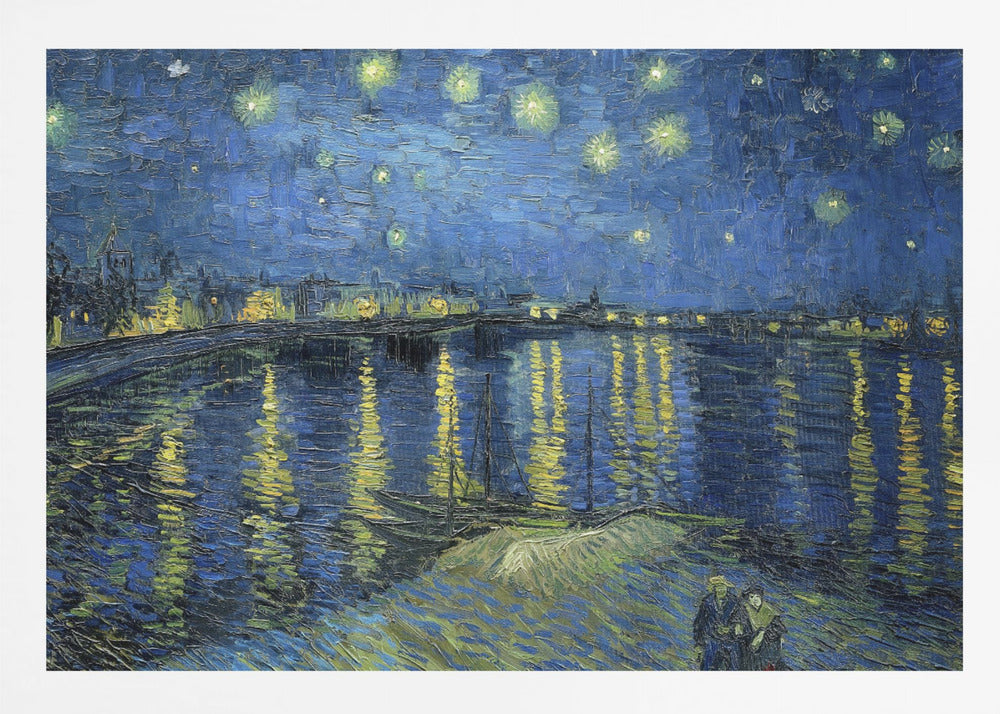 A framed print of Vincent van Gogh's painting, 'Starry Night Over the Rhône'. The artwork features a deep blue night sky filled with glowing yellow stars above a city skyline. The city lights and stars cast long, shimmering yellow reflections on the dark blue water of the river. In the foreground, two small figures of a couple are seen walking along the riverbank. Artwork