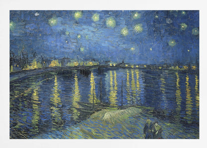 A framed print of Vincent van Gogh's painting, 'Starry Night Over the Rhône'. The artwork features a deep blue night sky filled with glowing yellow stars above a city skyline. The city lights and stars cast long, shimmering yellow reflections on the dark blue water of the river. In the foreground, two small figures of a couple are seen walking along the riverbank. Artwork