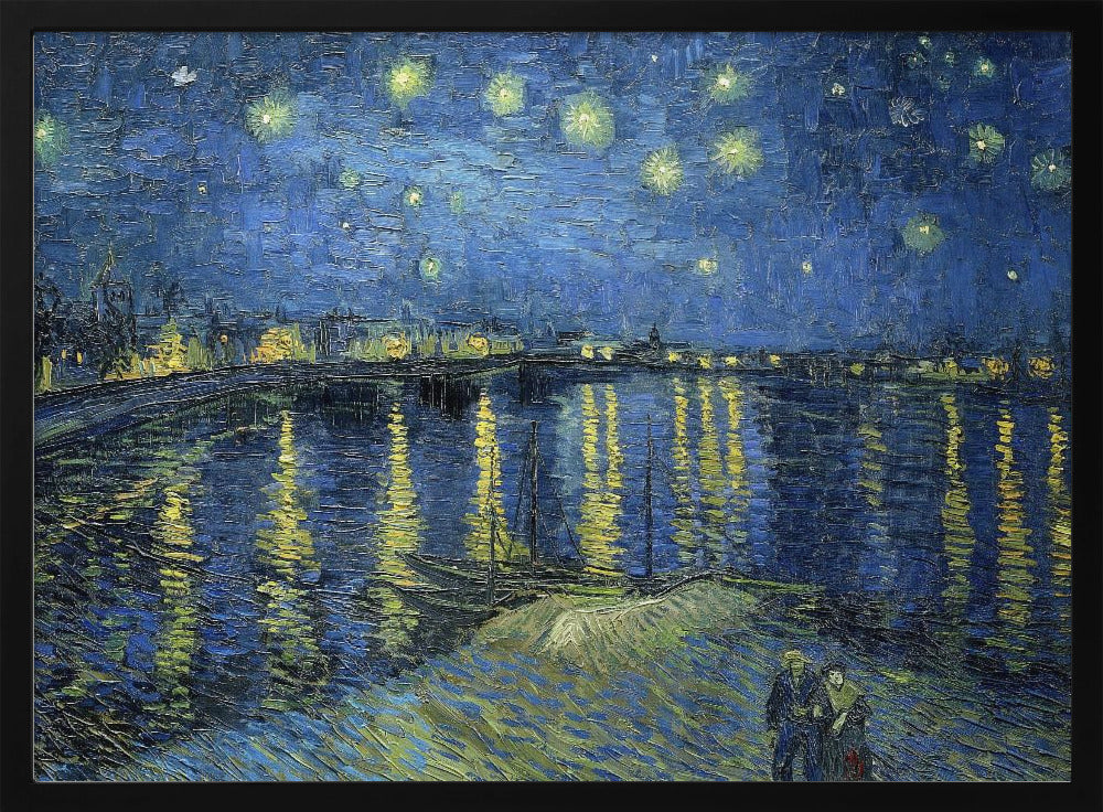 A framed print of Vincent van Gogh's painting, 'Starry Night Over the Rhône'. The artwork features a deep blue night sky filled with glowing yellow stars above a city skyline. The city lights and stars cast long, shimmering yellow reflections on the dark blue water of the river. In the foreground, two small figures of a couple are seen walking along the riverbank. Artwork