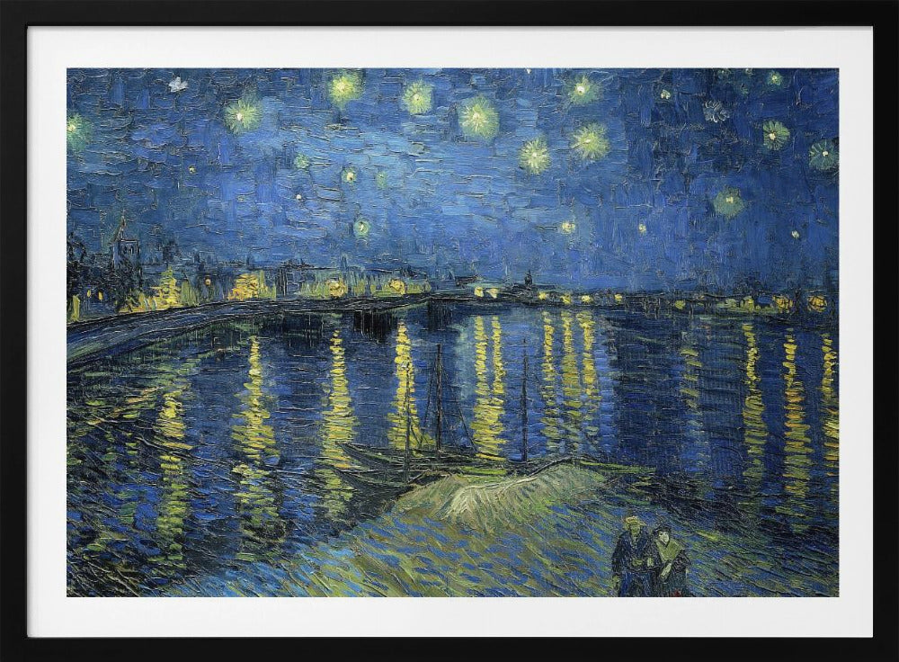 A framed print of Vincent van Gogh's painting, 'Starry Night Over the Rhône'. The artwork features a deep blue night sky filled with glowing yellow stars above a city skyline. The city lights and stars cast long, shimmering yellow reflections on the dark blue water of the river. In the foreground, two small figures of a couple are seen walking along the riverbank. Artwork