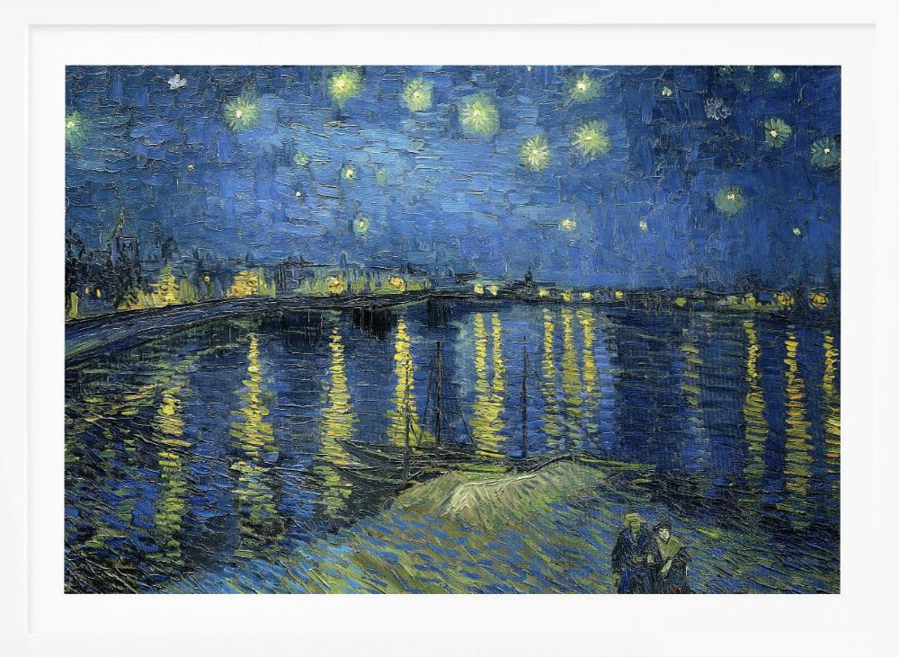 A framed print of Vincent van Gogh's painting, 'Starry Night Over the Rhône'. The artwork features a deep blue night sky filled with glowing yellow stars above a city skyline. The city lights and stars cast long, shimmering yellow reflections on the dark blue water of the river. In the foreground, two small figures of a couple are seen walking along the riverbank. Artwork