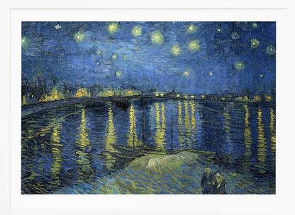 A framed print of Vincent van Gogh's painting, 'Starry Night Over the Rhône'. The artwork features a deep blue night sky filled with glowing yellow stars above a city skyline. The city lights and stars cast long, shimmering yellow reflections on the dark blue water of the river. In the foreground, two small figures of a couple are seen walking along the riverbank. Artwork