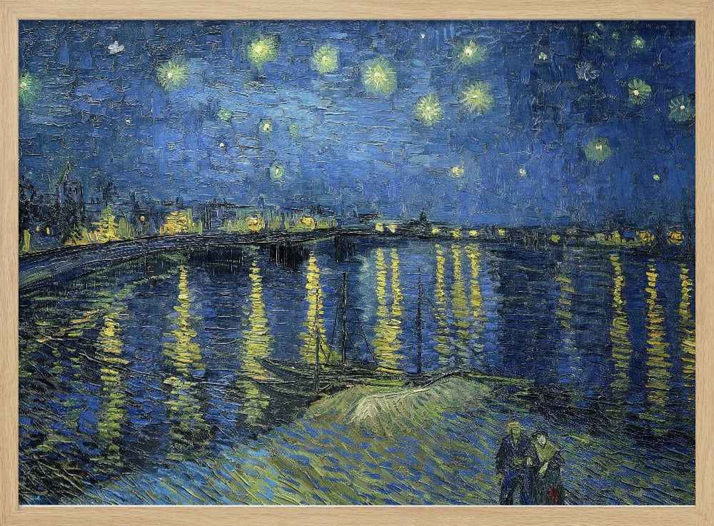 A framed print of Vincent van Gogh's painting, 'Starry Night Over the Rhône'. The artwork features a deep blue night sky filled with glowing yellow stars above a city skyline. The city lights and stars cast long, shimmering yellow reflections on the dark blue water of the river. In the foreground, two small figures of a couple are seen walking along the riverbank. Artwork