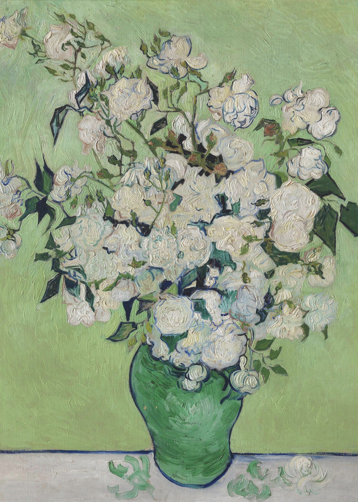 A framed Post-Impressionist painting by Vincent van Gogh of a large bouquet of white roses in a green vase, set against a light green background. The brushstrokes are thick and expressive, characteristic of the artist's style. Poster