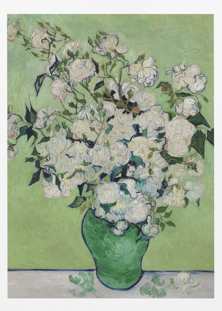 A framed Post-Impressionist painting by Vincent van Gogh of a large bouquet of white roses in a green vase, set against a light green background. The brushstrokes are thick and expressive, characteristic of the artist's style. Poster