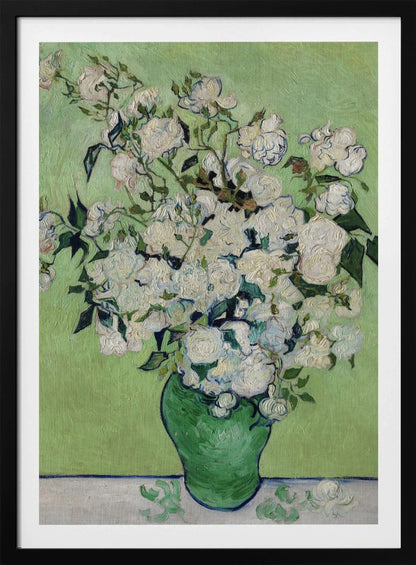 A framed Post-Impressionist painting by Vincent van Gogh of a large bouquet of white roses in a green vase, set against a light green background. The brushstrokes are thick and expressive, characteristic of the artist's style. Poster