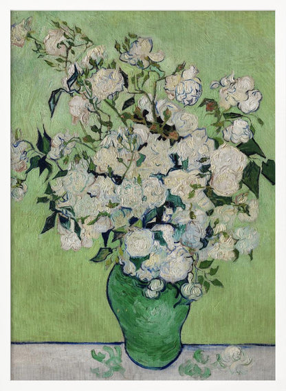 A framed Post-Impressionist painting by Vincent van Gogh of a large bouquet of white roses in a green vase, set against a light green background. The brushstrokes are thick and expressive, characteristic of the artist's style. Poster