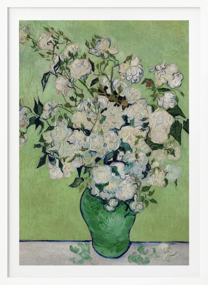 A framed Post-Impressionist painting by Vincent van Gogh of a large bouquet of white roses in a green vase, set against a light green background. The brushstrokes are thick and expressive, characteristic of the artist's style. Poster