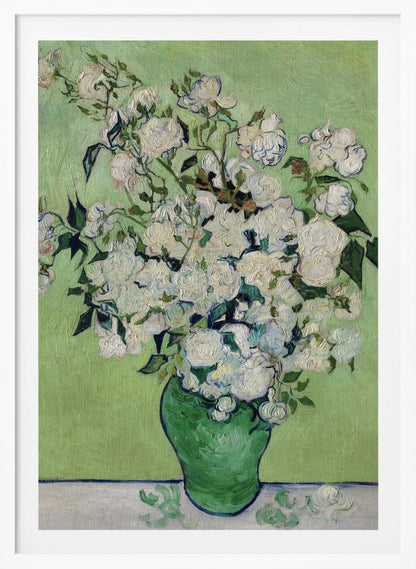 A framed Post-Impressionist painting by Vincent van Gogh of a large bouquet of white roses in a green vase, set against a light green background. The brushstrokes are thick and expressive, characteristic of the artist's style. Poster