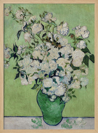 A framed Post-Impressionist painting by Vincent van Gogh of a large bouquet of white roses in a green vase, set against a light green background. The brushstrokes are thick and expressive, characteristic of the artist's style. Poster
