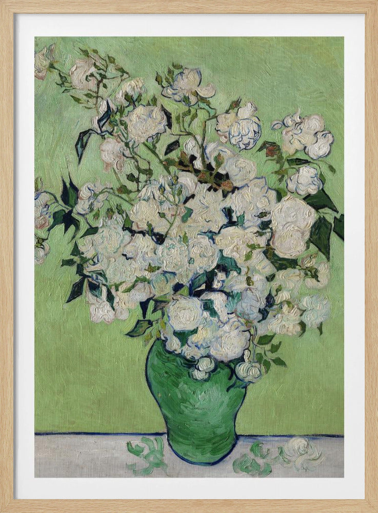 A framed Post-Impressionist painting by Vincent van Gogh of a large bouquet of white roses in a green vase, set against a light green background. The brushstrokes are thick and expressive, characteristic of the artist's style. Poster