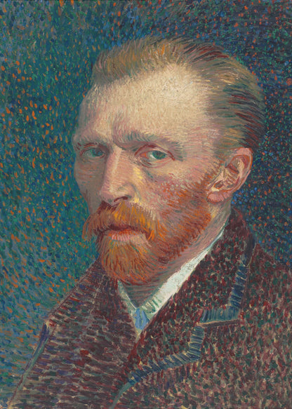 A framed Post-Impressionist self-portrait by Vincent van Gogh. He has a red beard and intense green eyes, looking directly at the viewer against a swirling, stippled background of blue and orange. Print
