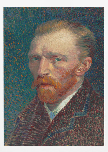 A framed Post-Impressionist self-portrait by Vincent van Gogh. He has a red beard and intense green eyes, looking directly at the viewer against a swirling, stippled background of blue and orange. Print
