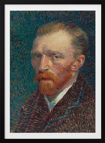 A framed Post-Impressionist self-portrait by Vincent van Gogh. He has a red beard and intense green eyes, looking directly at the viewer against a swirling, stippled background of blue and orange. Print