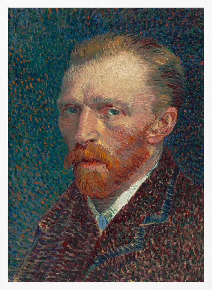 A framed Post-Impressionist self-portrait by Vincent van Gogh. He has a red beard and intense green eyes, looking directly at the viewer against a swirling, stippled background of blue and orange. Print