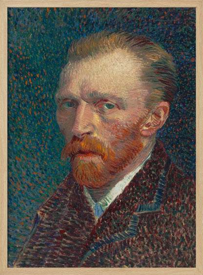 A framed Post-Impressionist self-portrait by Vincent van Gogh. He has a red beard and intense green eyes, looking directly at the viewer against a swirling, stippled background of blue and orange. Print
