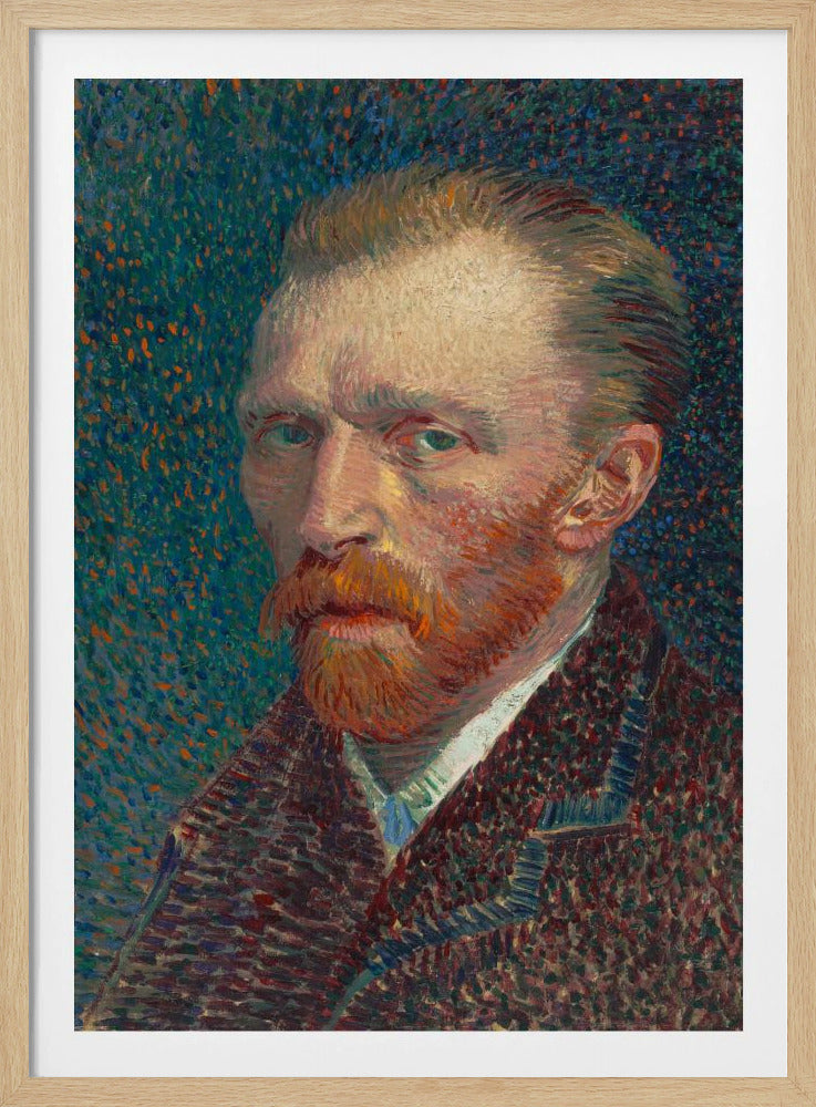 A framed Post-Impressionist self-portrait by Vincent van Gogh. He has a red beard and intense green eyes, looking directly at the viewer against a swirling, stippled background of blue and orange. Print