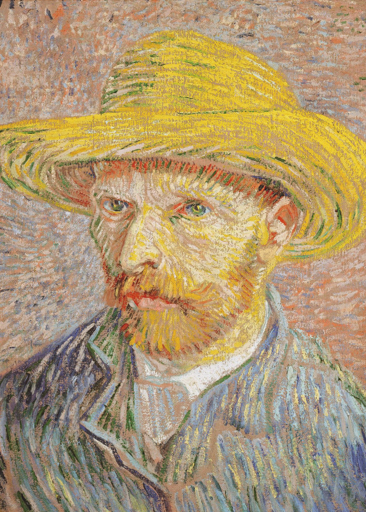 A Post-Impressionist self-portrait by Vincent van Gogh wearing a bright yellow straw hat. The painting features thick, expressive brushstrokes, with the artist's intense gaze directed at the viewer. He has a reddish-blond beard and is wearing a blue jacket against a textured, warm-toned background. Wall Art