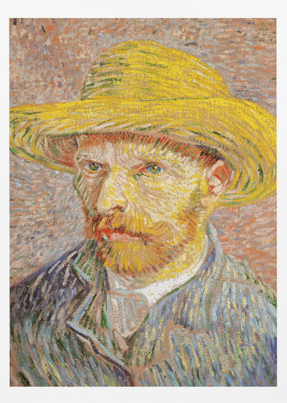 A Post-Impressionist self-portrait by Vincent van Gogh wearing a bright yellow straw hat. The painting features thick, expressive brushstrokes, with the artist's intense gaze directed at the viewer. He has a reddish-blond beard and is wearing a blue jacket against a textured, warm-toned background. Wall Art