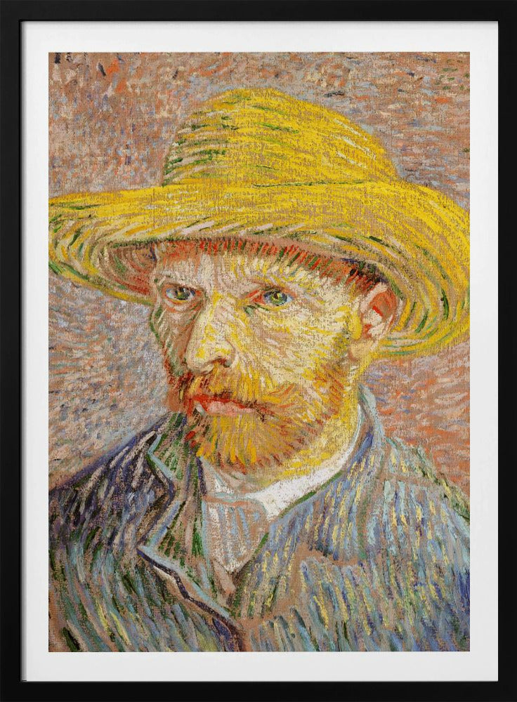 A Post-Impressionist self-portrait by Vincent van Gogh wearing a bright yellow straw hat. The painting features thick, expressive brushstrokes, with the artist's intense gaze directed at the viewer. He has a reddish-blond beard and is wearing a blue jacket against a textured, warm-toned background. Wall Art