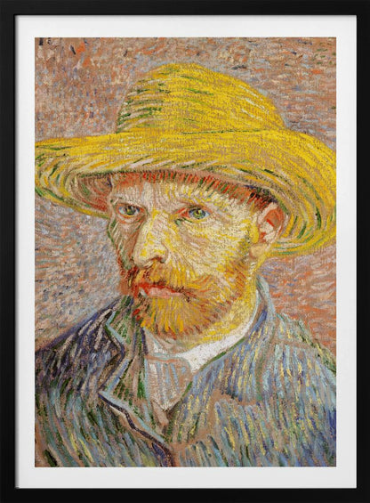 A Post-Impressionist self-portrait by Vincent van Gogh wearing a bright yellow straw hat. The painting features thick, expressive brushstrokes, with the artist's intense gaze directed at the viewer. He has a reddish-blond beard and is wearing a blue jacket against a textured, warm-toned background. Wall Art
