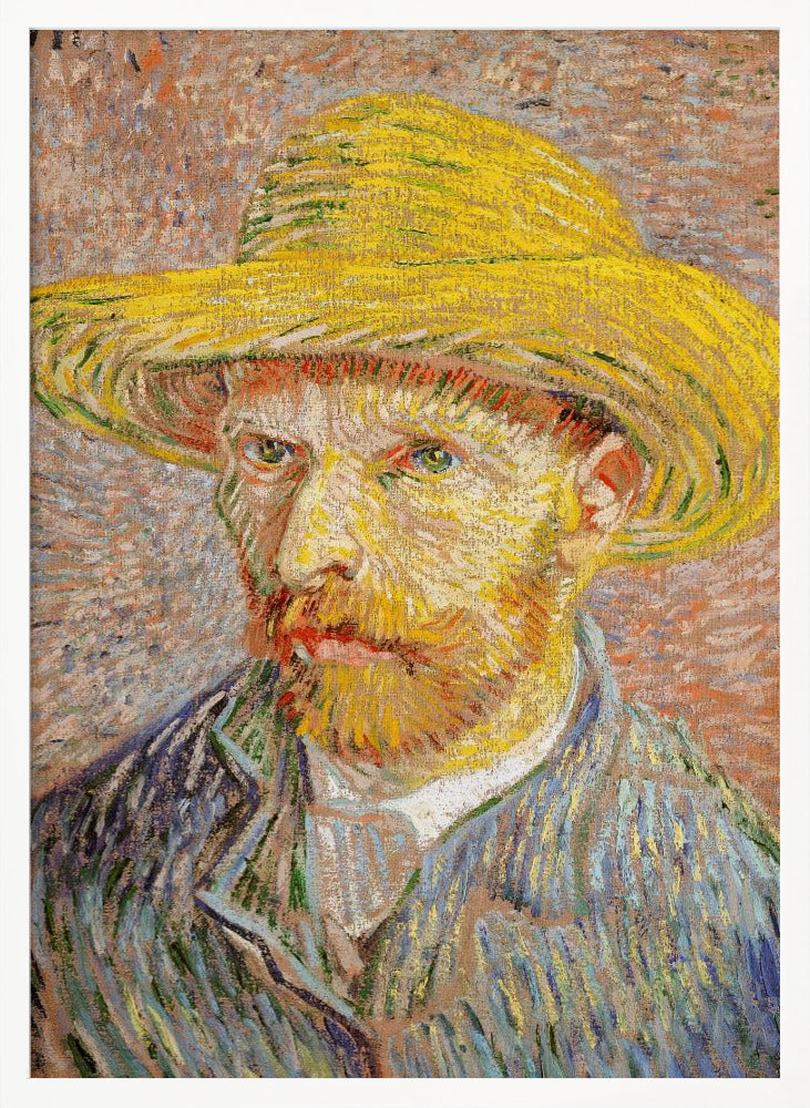A Post-Impressionist self-portrait by Vincent van Gogh wearing a bright yellow straw hat. The painting features thick, expressive brushstrokes, with the artist's intense gaze directed at the viewer. He has a reddish-blond beard and is wearing a blue jacket against a textured, warm-toned background. Wall Art
