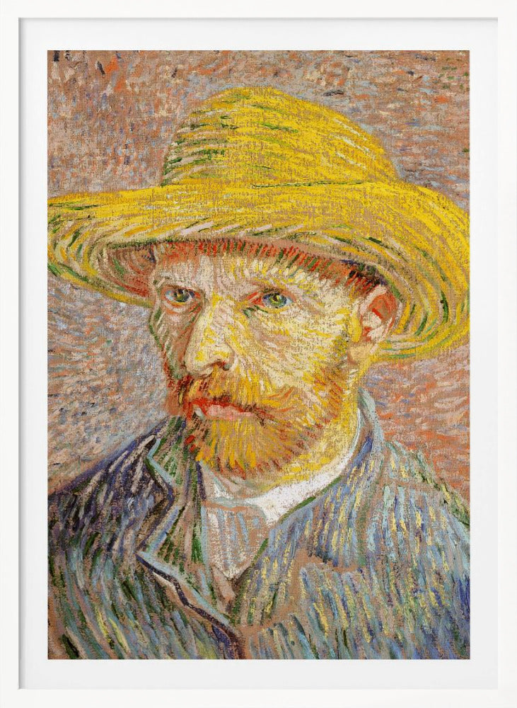 A Post-Impressionist self-portrait by Vincent van Gogh wearing a bright yellow straw hat. The painting features thick, expressive brushstrokes, with the artist's intense gaze directed at the viewer. He has a reddish-blond beard and is wearing a blue jacket against a textured, warm-toned background. Wall Art