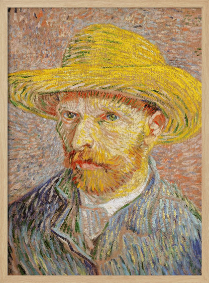 A Post-Impressionist self-portrait by Vincent van Gogh wearing a bright yellow straw hat. The painting features thick, expressive brushstrokes, with the artist's intense gaze directed at the viewer. He has a reddish-blond beard and is wearing a blue jacket against a textured, warm-toned background. Wall Art