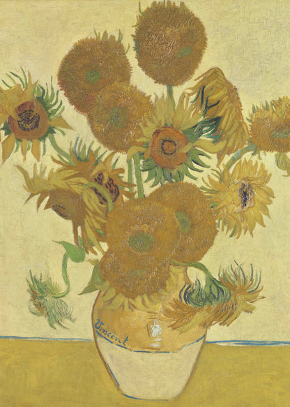 A framed reproduction of Vincent van Gogh's famous 'Sunflowers' painting. It depicts a rustic earthenware vase filled with a bouquet of sunflowers in various stages of life, from full bloom to wilting. The painting is characterized by its vibrant yellow and brown tones and thick, expressive brushstrokes, signature to the post-impressionist style. The artist's name, 'Vincent', is signed on the vase. Decor