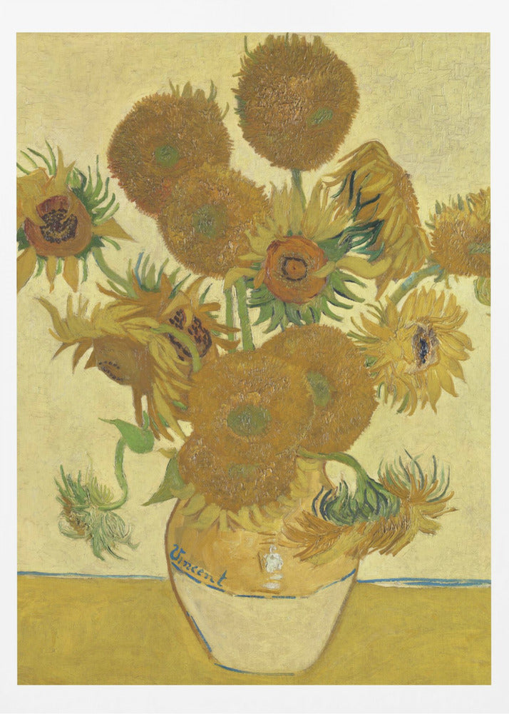 A framed reproduction of Vincent van Gogh's famous 'Sunflowers' painting. It depicts a rustic earthenware vase filled with a bouquet of sunflowers in various stages of life, from full bloom to wilting. The painting is characterized by its vibrant yellow and brown tones and thick, expressive brushstrokes, signature to the post-impressionist style. The artist's name, 'Vincent', is signed on the vase. Decor