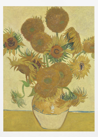 A framed reproduction of Vincent van Gogh's famous 'Sunflowers' painting. It depicts a rustic earthenware vase filled with a bouquet of sunflowers in various stages of life, from full bloom to wilting. The painting is characterized by its vibrant yellow and brown tones and thick, expressive brushstrokes, signature to the post-impressionist style. The artist's name, 'Vincent', is signed on the vase. Decor