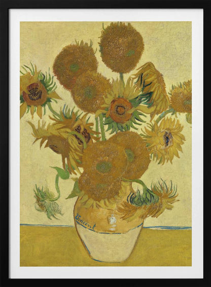 A framed reproduction of Vincent van Gogh's famous 'Sunflowers' painting. It depicts a rustic earthenware vase filled with a bouquet of sunflowers in various stages of life, from full bloom to wilting. The painting is characterized by its vibrant yellow and brown tones and thick, expressive brushstrokes, signature to the post-impressionist style. The artist's name, 'Vincent', is signed on the vase. Decor