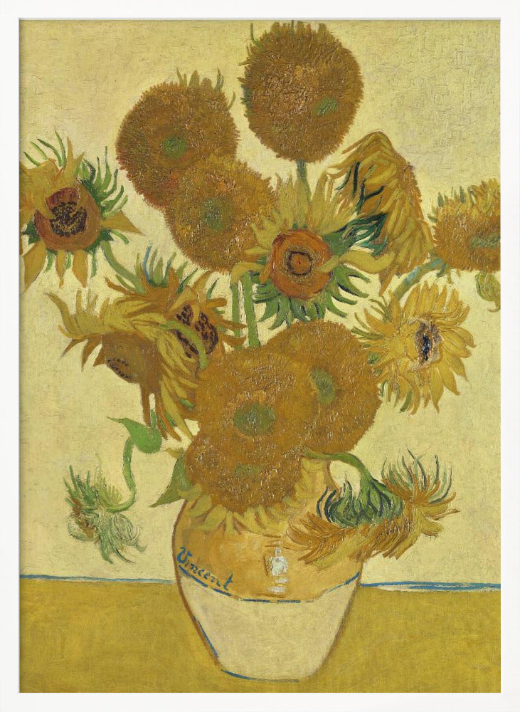 A framed reproduction of Vincent van Gogh's famous 'Sunflowers' painting. It depicts a rustic earthenware vase filled with a bouquet of sunflowers in various stages of life, from full bloom to wilting. The painting is characterized by its vibrant yellow and brown tones and thick, expressive brushstrokes, signature to the post-impressionist style. The artist's name, 'Vincent', is signed on the vase. Decor