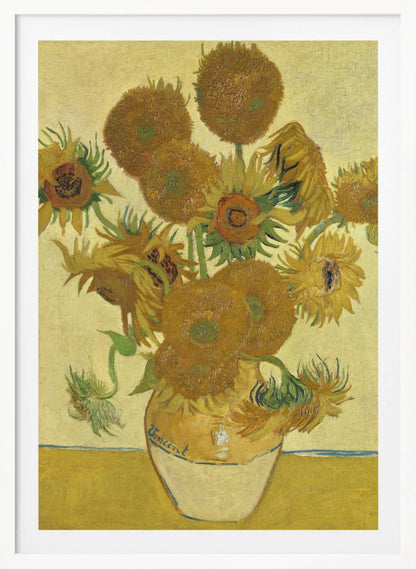 A framed reproduction of Vincent van Gogh's famous 'Sunflowers' painting. It depicts a rustic earthenware vase filled with a bouquet of sunflowers in various stages of life, from full bloom to wilting. The painting is characterized by its vibrant yellow and brown tones and thick, expressive brushstrokes, signature to the post-impressionist style. The artist's name, 'Vincent', is signed on the vase. Decor
